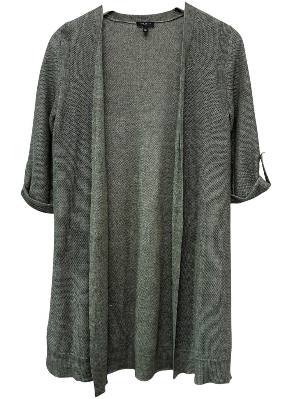 Talbots 100% Linen Knit Cardigan Small Petit Olive Green Long Open Front Sweater